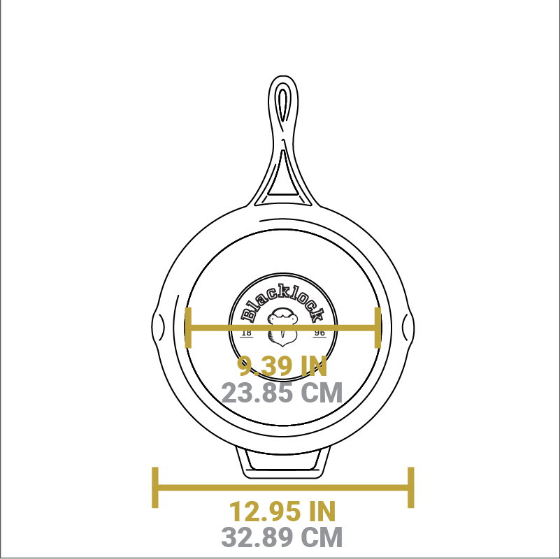 Dimensional drawing of product. Width of flat bottom is 9.39 inches, total width is 12.95 inches.