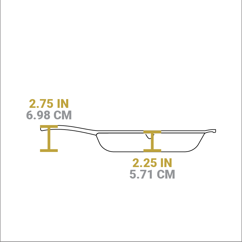 Dimensional drawing of product. Depth of cooking surface is 2.25 inches, height of handle from bottom is 2.75 inches.