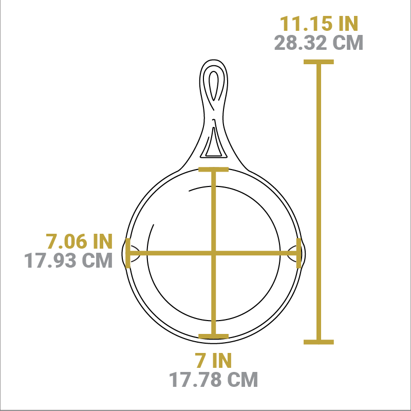 Dimensional drawing of product. Total length including handle is 11.15 inches, length of cooking surface is 7 inches, and width of cooking surface from pour spout to pour spout is 7.06 inches.