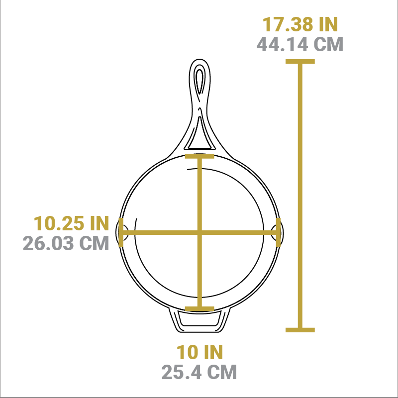 Dimensional drawing of product. Total length including handle is 17.38 inches, length of cooking surface is 10 inches, and width of cooking surface from pour spout to pour spout is 10.25 inches.