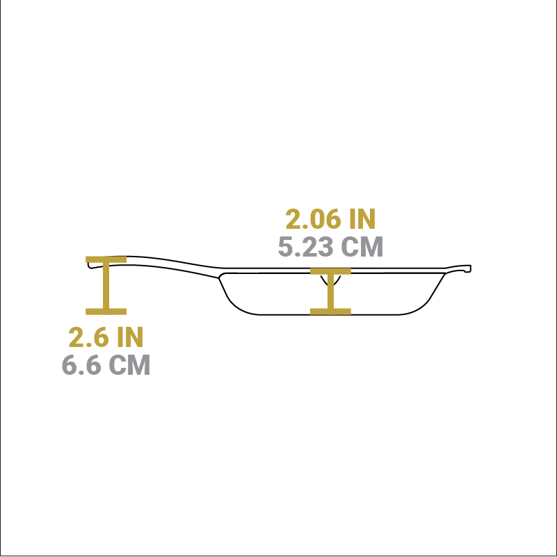 Dimensional drawing of product. Depth of cooking surface is 2.06 inches, height of handle from bottom is 2.6 inches.