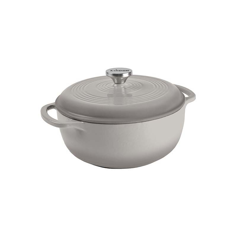 Grey enameled cast iron Dutch oven with lid on a white background