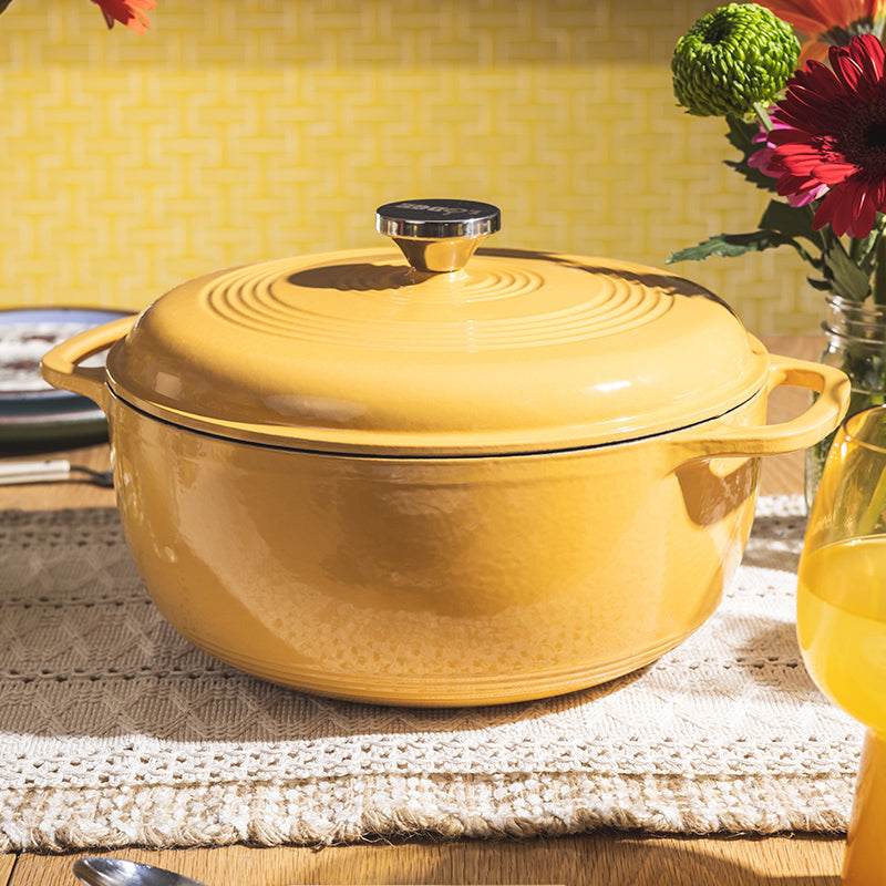 Dutch oven on lined counter top.