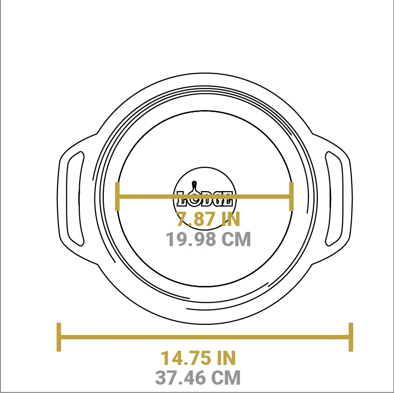 Dimensional drawing of product. Total width handle to handle is 14.75 inches, width of flat bottom is 7.87 inches.