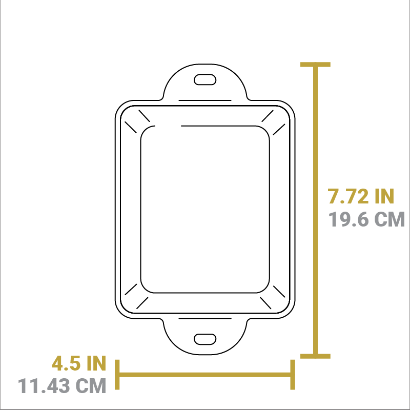 Dimensional drawing of product. Width from handle to handle is 7.72 inches, length is 4.5 inches.