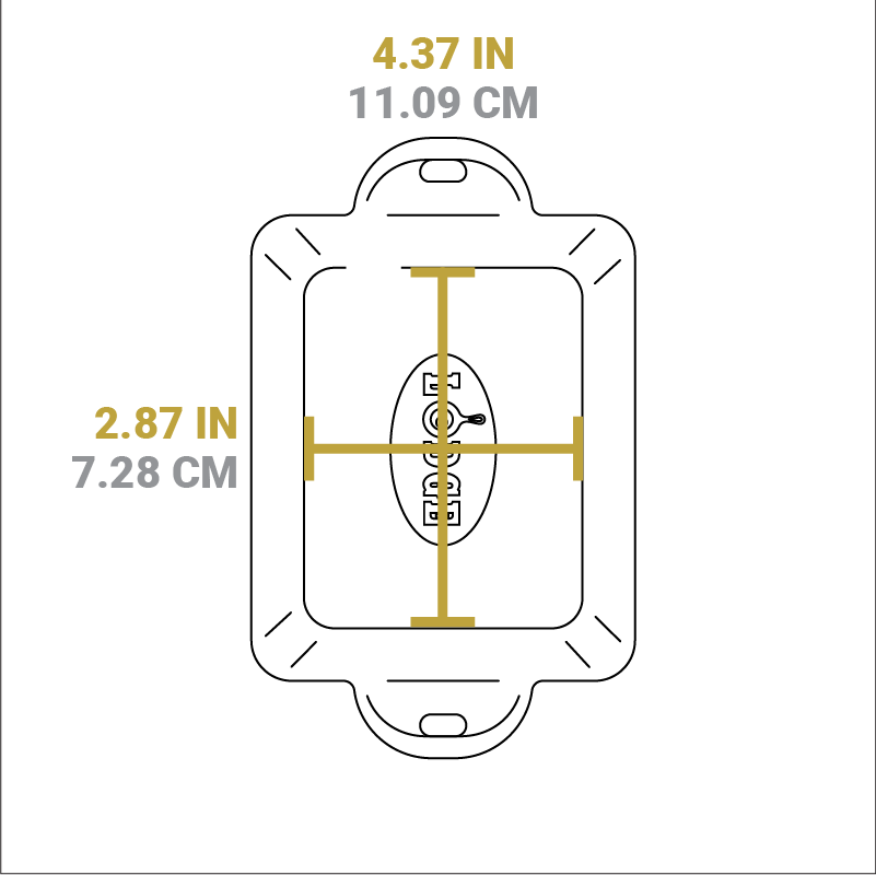 Dimensional drawing of product. Flat bottom width is 4.37 inches, flat bottom length is 2.87 inches.