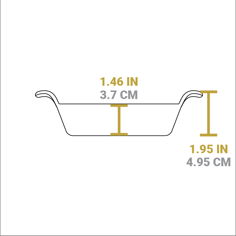 Dimensional drawing of product. Depth of serving bowl portion is 1.46 inches, total height is 1.95 inches.