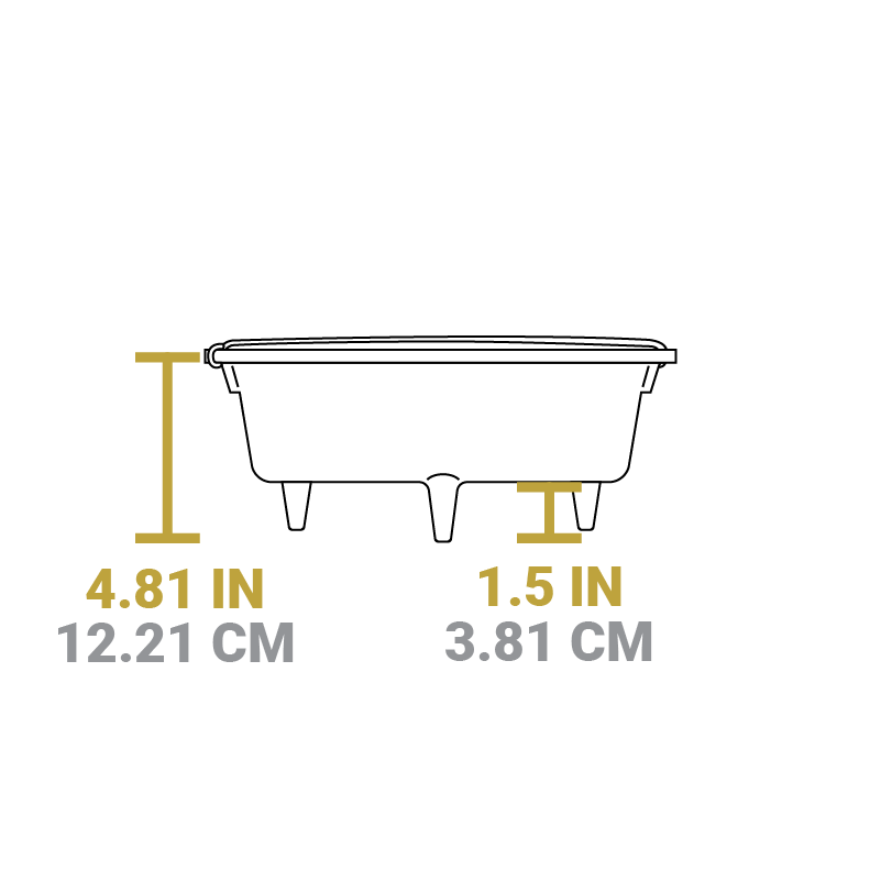 Dimensional drawing of product. Height of dutch oven is 4.81 inches, height of legs is 1.5 inches.