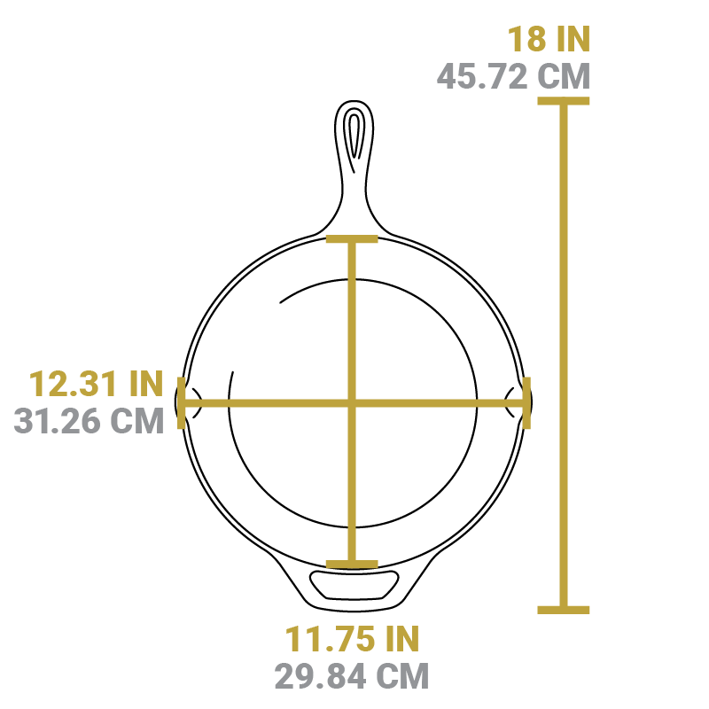Measurement chart showing dimensions of the product. Full length is 18 inches, width of cooking surface is 12.31 inches, and length of cooking surface is 11.75 inches.