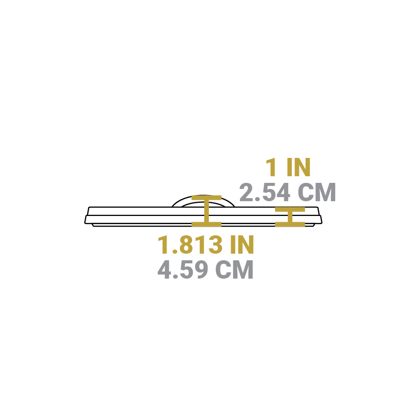 Dimensional drawing of product. Height from bottom to top of handle is 1.813 inches, and height of lid portion is 1 inch.