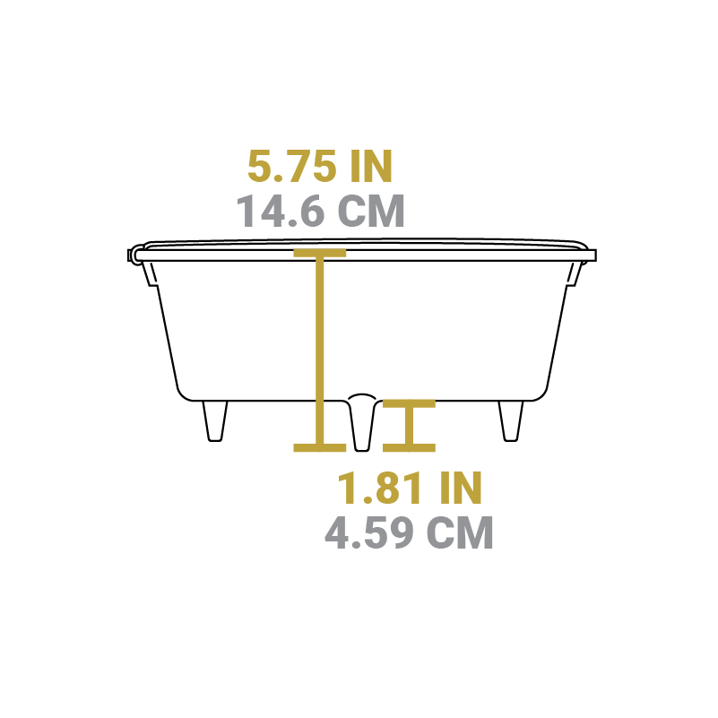 Dimensional drawing of product. Height of dutch oven is 5.75 inches, height of legs is 1.81 inches.