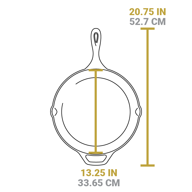 Dimensional drawing product. Full length is 20.75 inches, length of cooking surface is 13.25 inches.