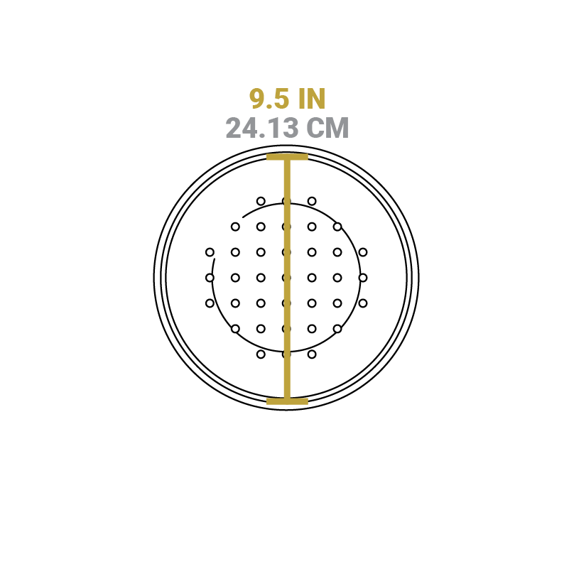 Dimensional drawing of product lid. Diameter is 9.5 inches.