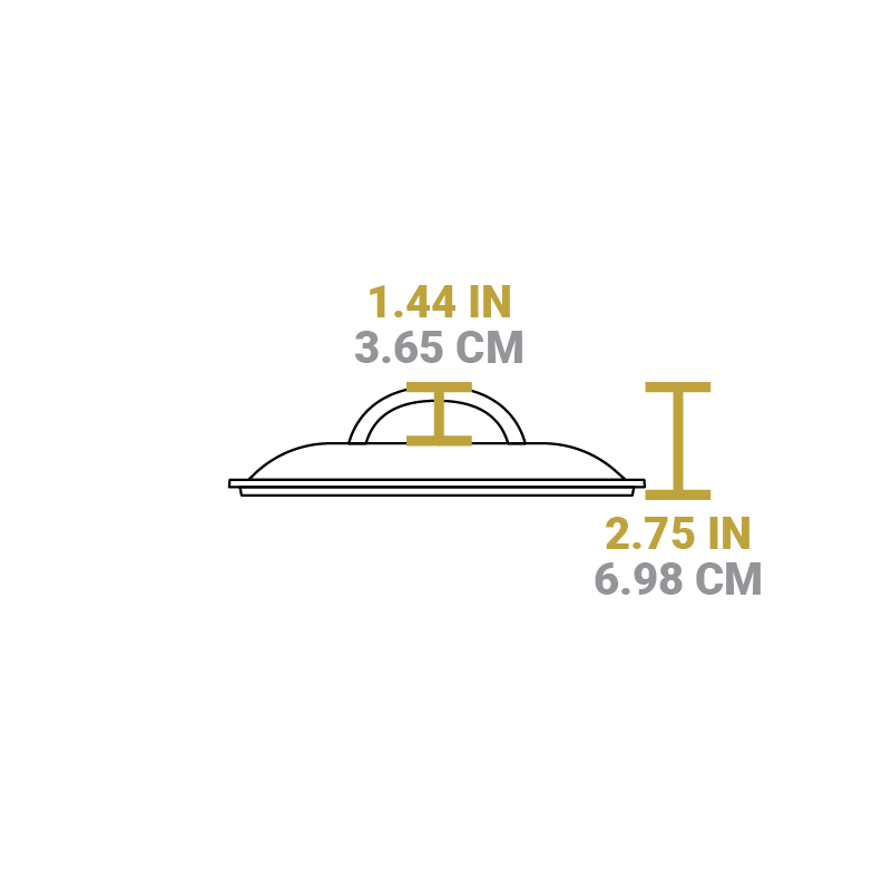 Dimensional drawing of product lid. Height of handle is 1.44 inches, total height is 2.75 inches.