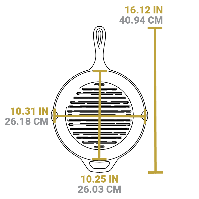 Dimensional drawing of product. Full length including handle is 16.12 inches, width of cooking surface is 10.31 inches, length of cooking surface is 10.25 inches.