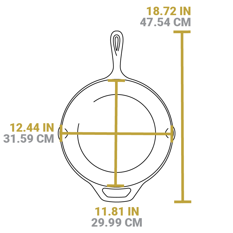Dimensional drawing of product. Total length including handle is 18.72 inches length of cooking surface is 11.81 inches, and width of cooking surface from pour spout to pour spout is 12.44 inches.