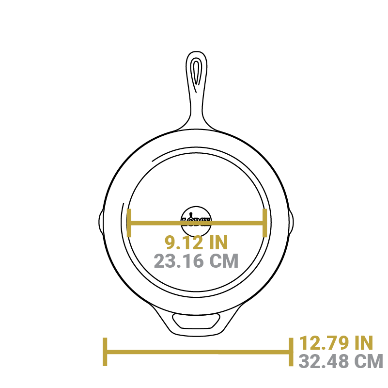 Dimensional drawing of product. Flat bottom width is 9.12 inches, total width is 12.79 inches.