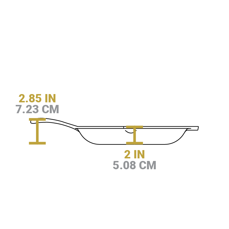 Dimensional drawing of product. Depth of cooking surface is 2 inches, height of handle form bottom is 2.85 inches.
