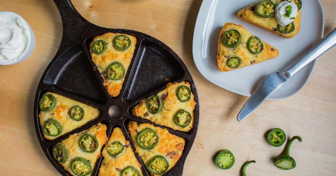 Jalapeño Bacon Cheddar Cornbread prepared and served in wedge pan