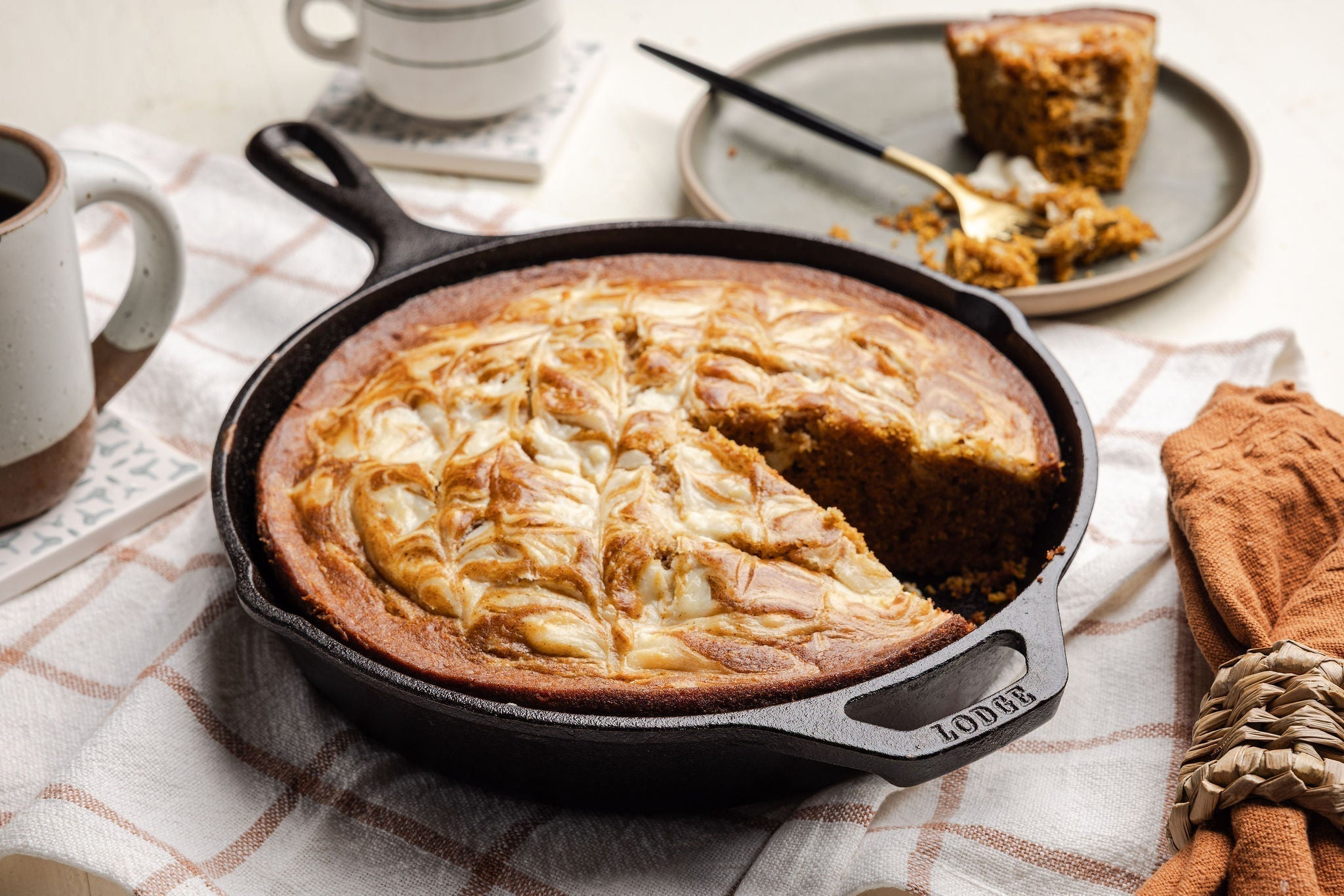 Pumpkin Swirl Skillet Cake served in skillet.