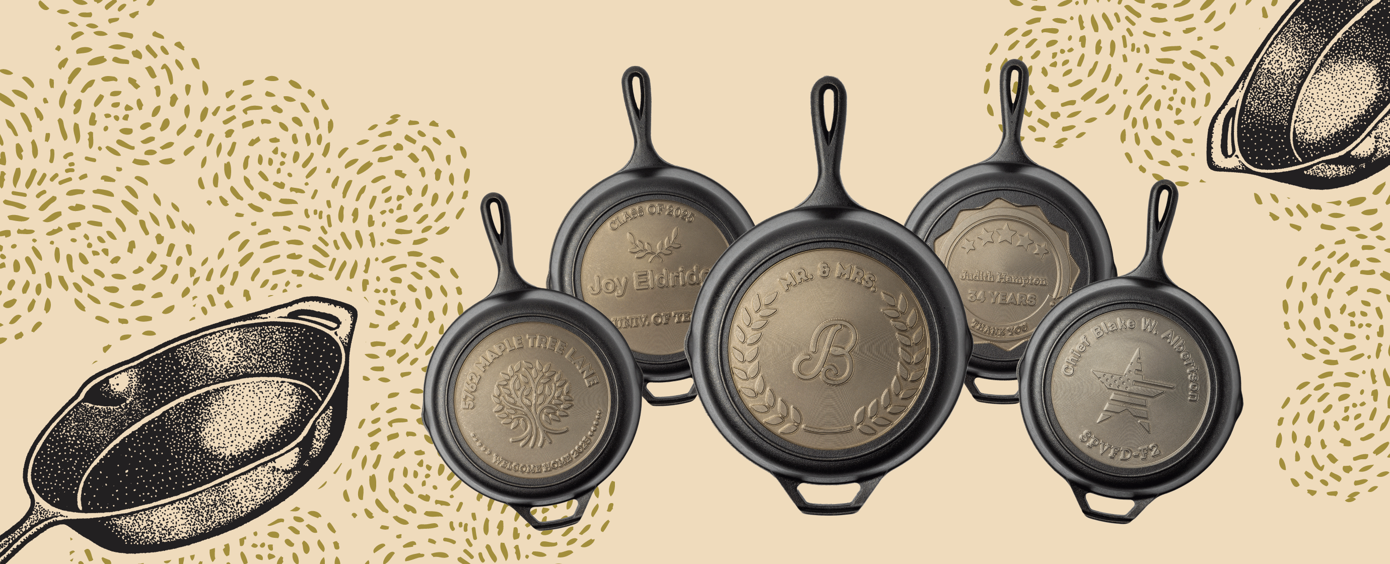 5 custom skillets displayed on skillet background.