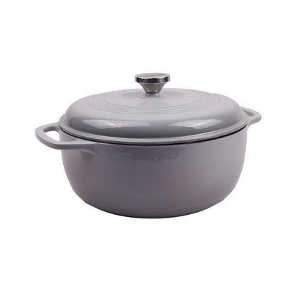 Grey enameled cast iron Dutch oven with lid on a white background