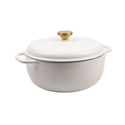 Biscotti enameled cast iron Dutch oven with lid on a white background