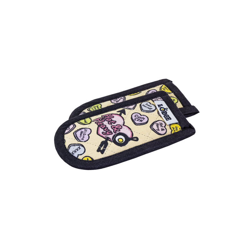 Set of 2 fabric hot handle holders with a black outline and conversation hearts pattern.