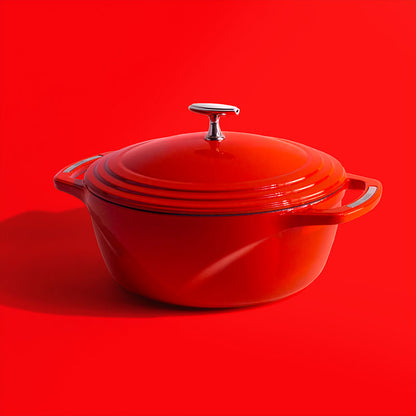 Red dutch oven on red background.