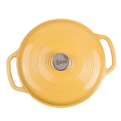 Top view of lid featuring silver knob with Lodge branding.