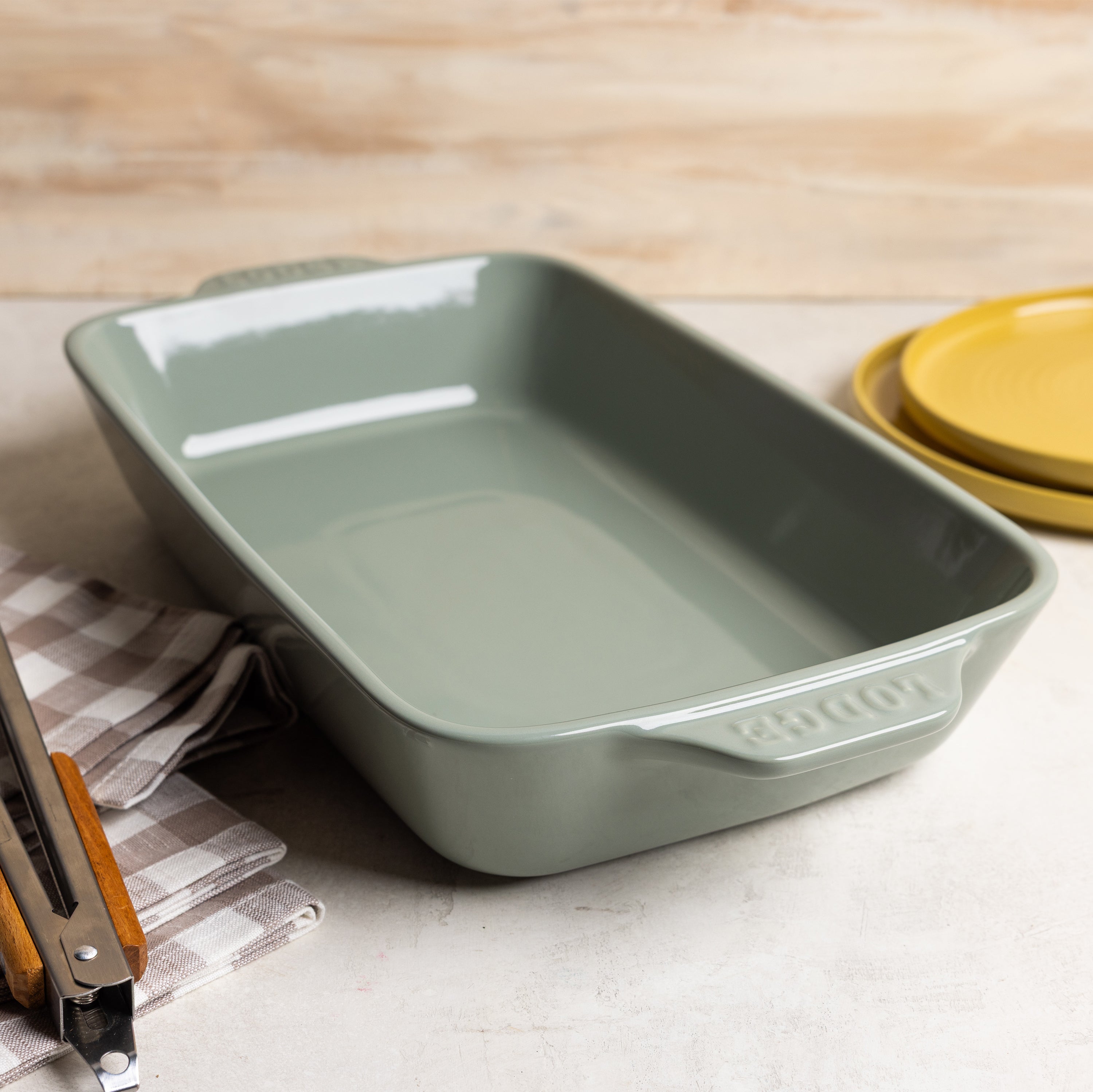 Desert-sage casserole dish on a kitchen counter.
