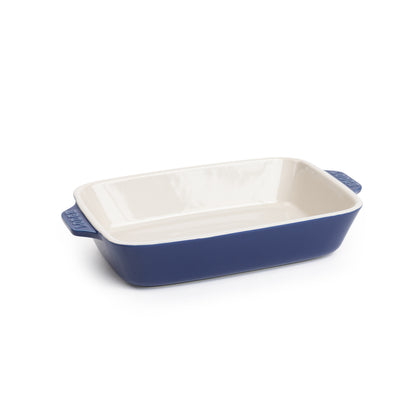 Indigo 9-by-6-inch stoneware baking dish with white interior.