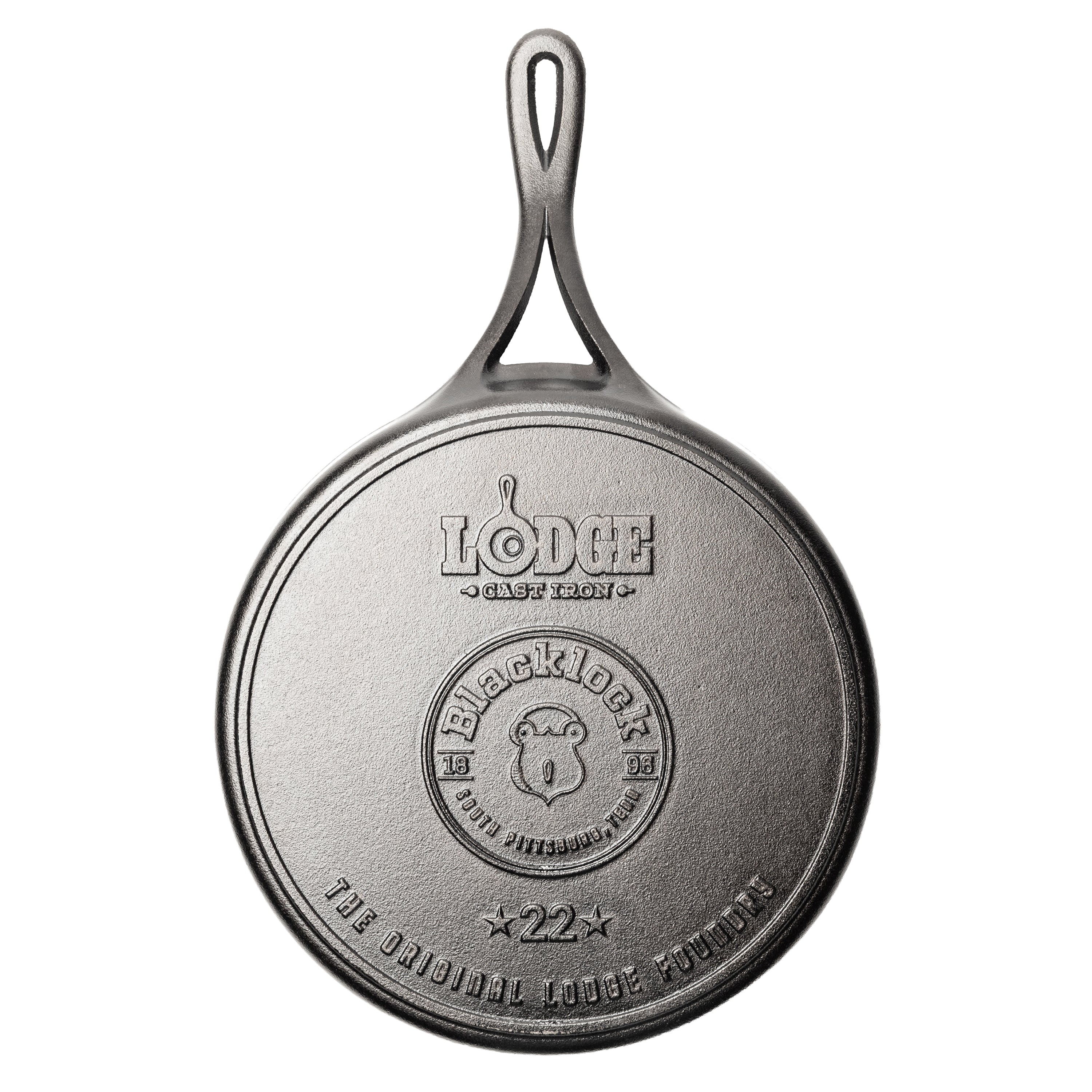View of the bottom/back of griddle featuring the blacklock logo.