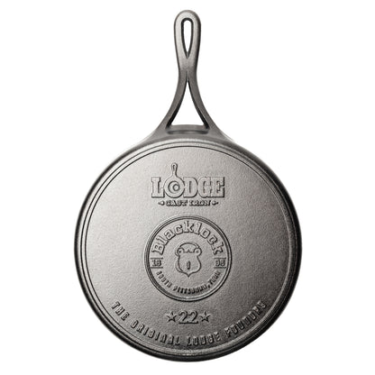 View of the bottom/back of griddle featuring the blacklock logo.