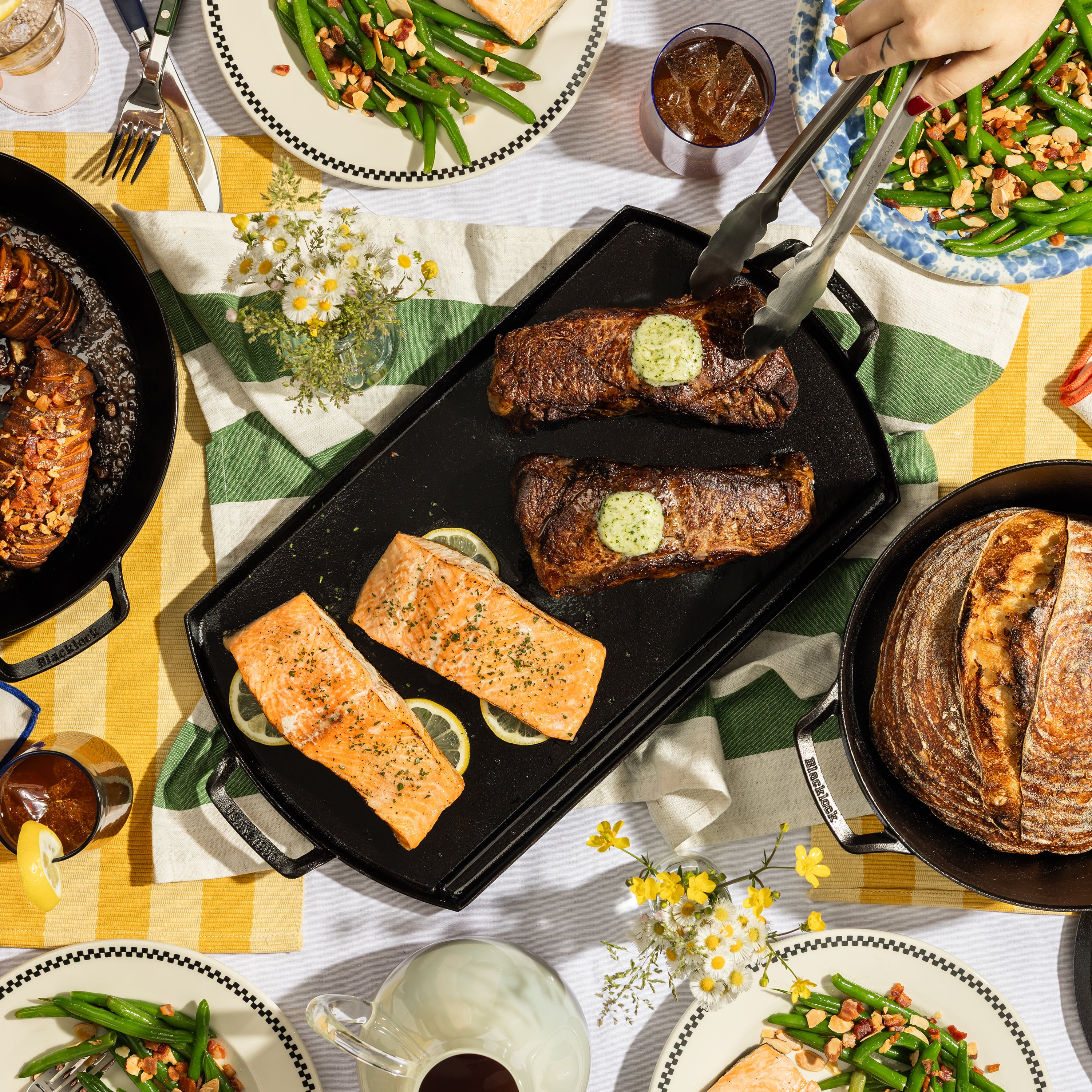 Fresh salmon and steak, prepared and served with griddle.
