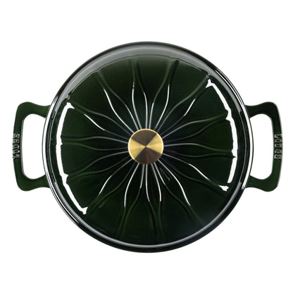 A top-down view of braiser with a matching lid, featuring a central gold knob and side handles.