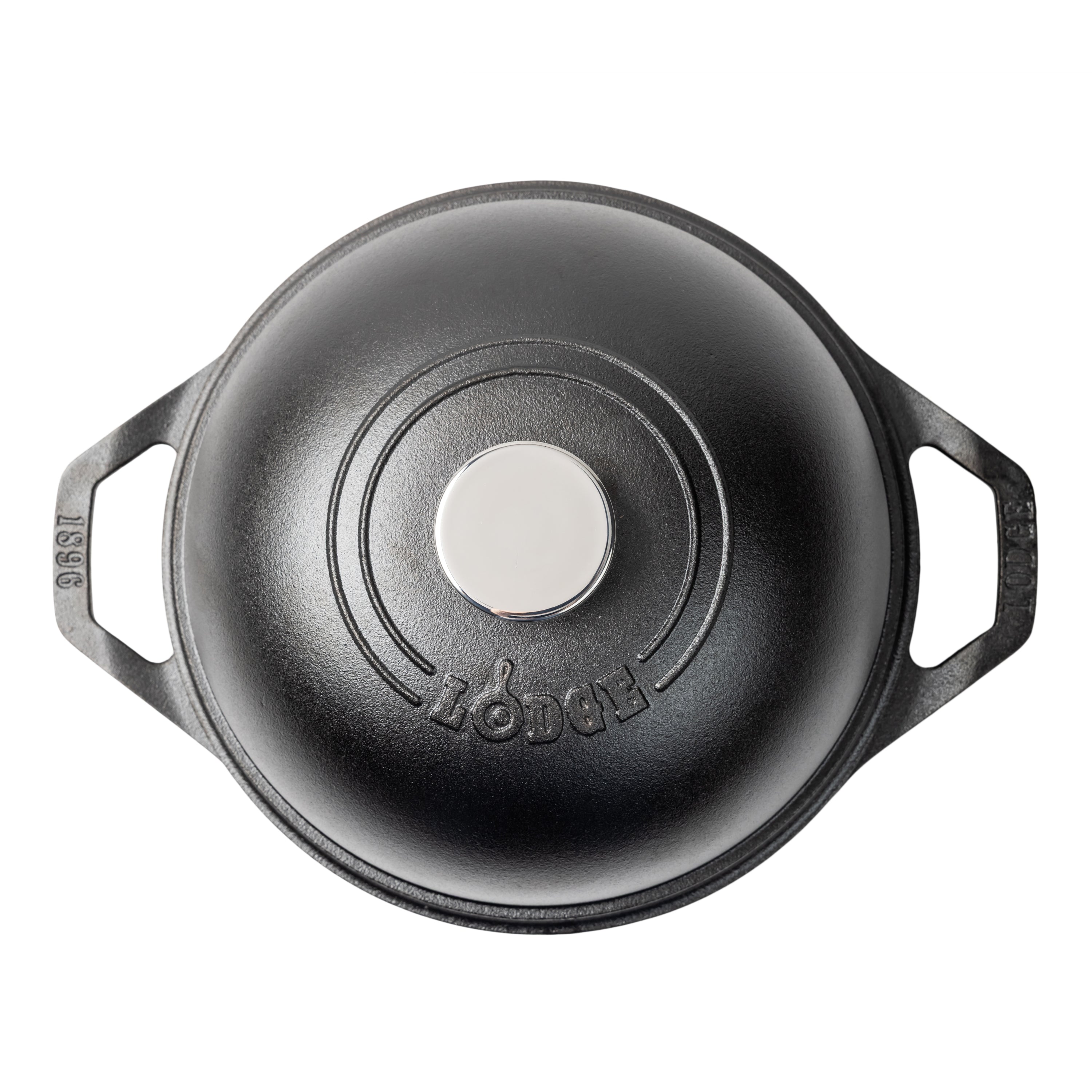 Top view of bread oven featuring circular line design and Lodge branding.