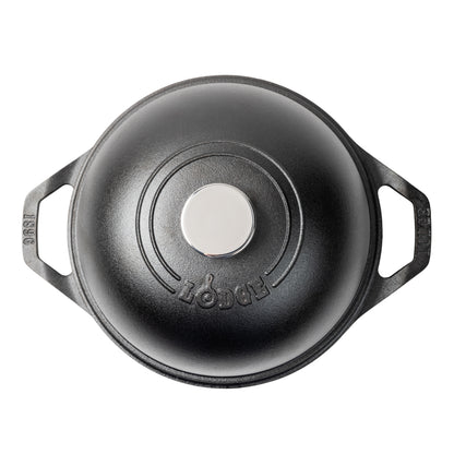 Top view of bread oven featuring circular line design and Lodge branding.