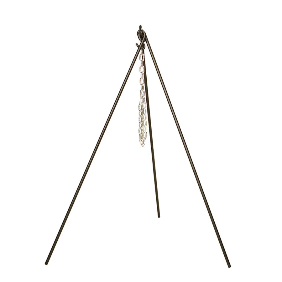 Black tripod with silver chain in middle for hanging cookware.