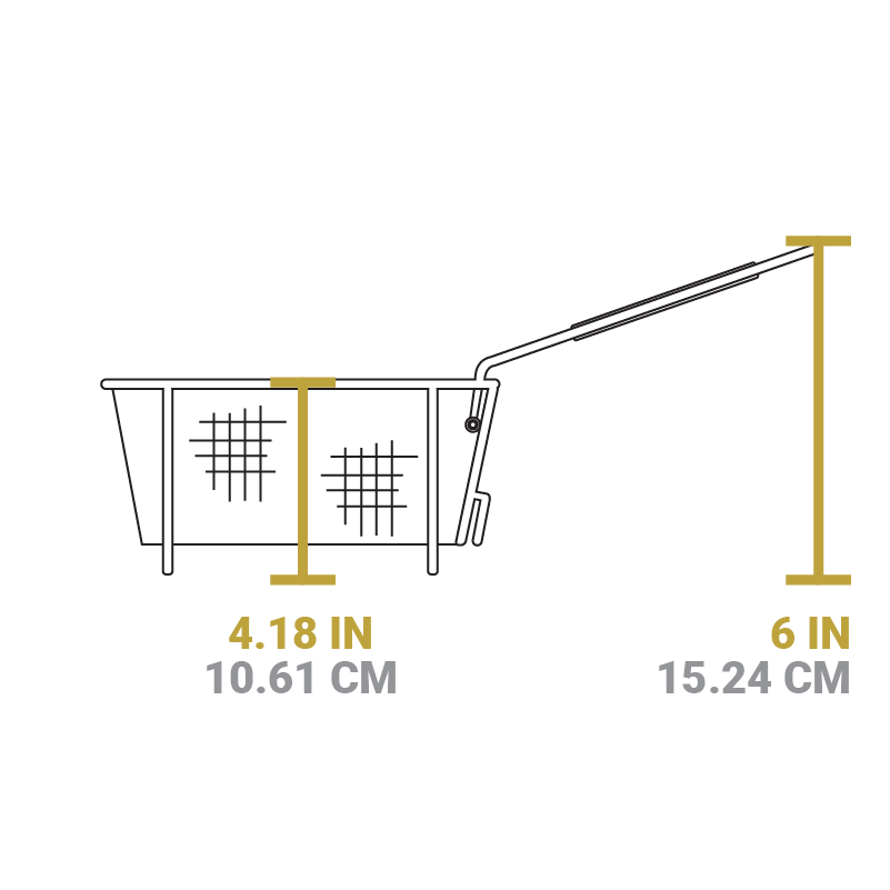 A dimensional drawing of product. Depth of basket is 4.18 inches, total height from bottom to top of handle is 6 inches.