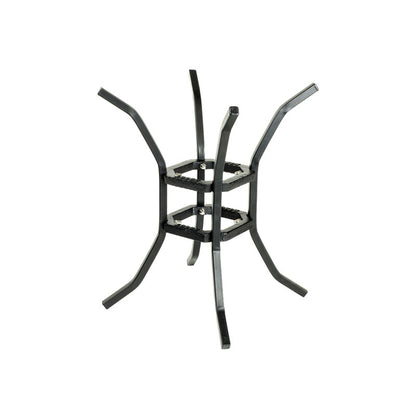 Metal stand with 4 legs that curve out.