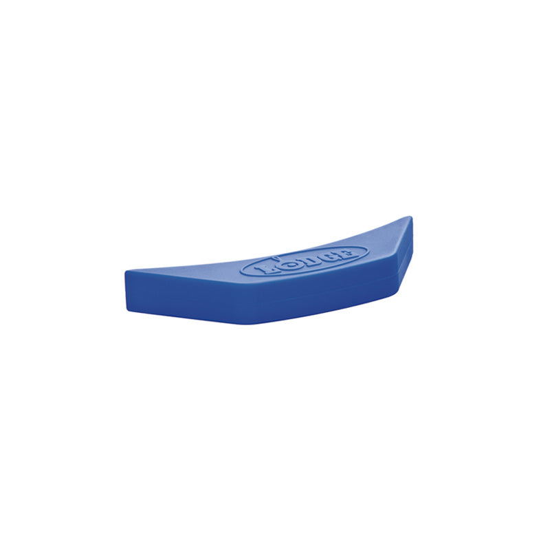 Blue silicone assist handle holder with Lodge branding.