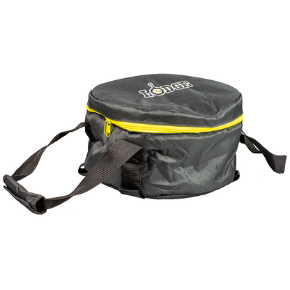 Circular black bag with yellow zipper and 2 lift handles.