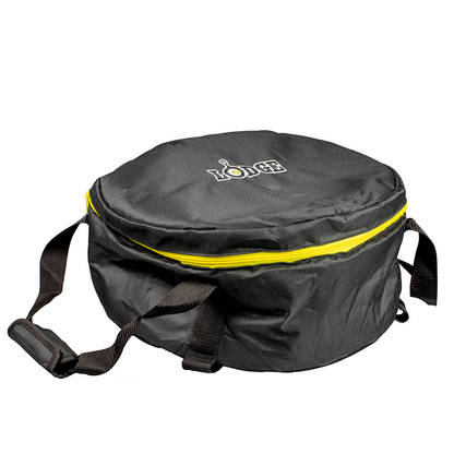 Circular black bag with yellow zipper and 2 lift handles.