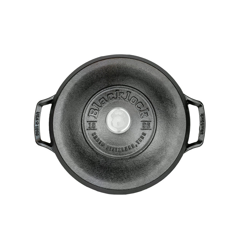 Top view of product featuring the lid with the Blacklock logo and silver knob.