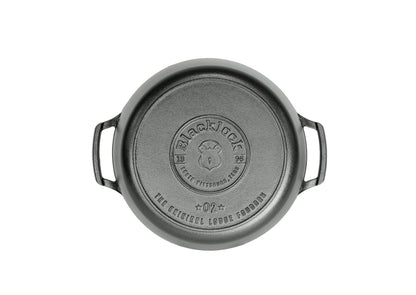 Bottom of dutch oven featuring Blacklock logo.
