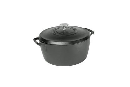 Black dutch oven with 2 handles and a lid.