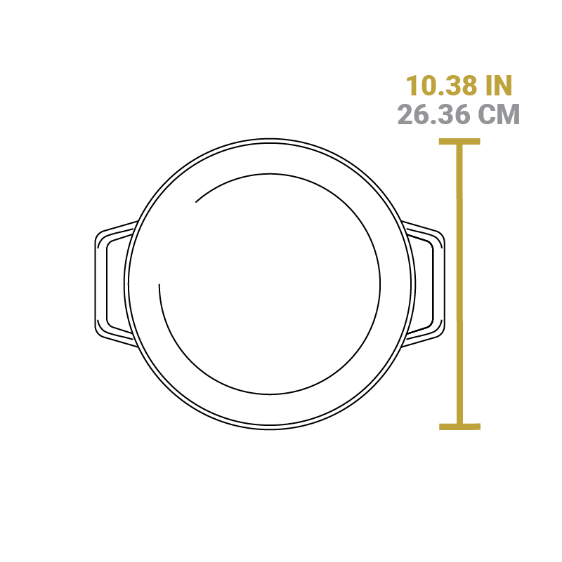 Dimensional drawing of product. Dutch oven length is 10.38 inches.