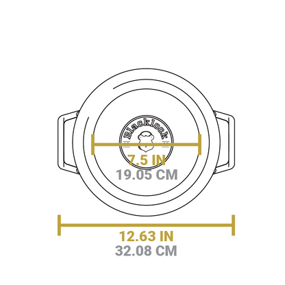 Dimensional drawing of product. Total width of dutch oven including handles is 12.63 inches, width of flat bottom is 7.5 inches.