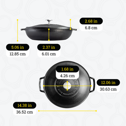 Dimensional drawing of braiser. Total height including lid is 5.06 inches, height of pan is 2.37 inches, height of lid is 2.68 inches, length of lid is 12.06 inches, width of knob is 1.68 inches, and total width including handles is 14.38 inches.